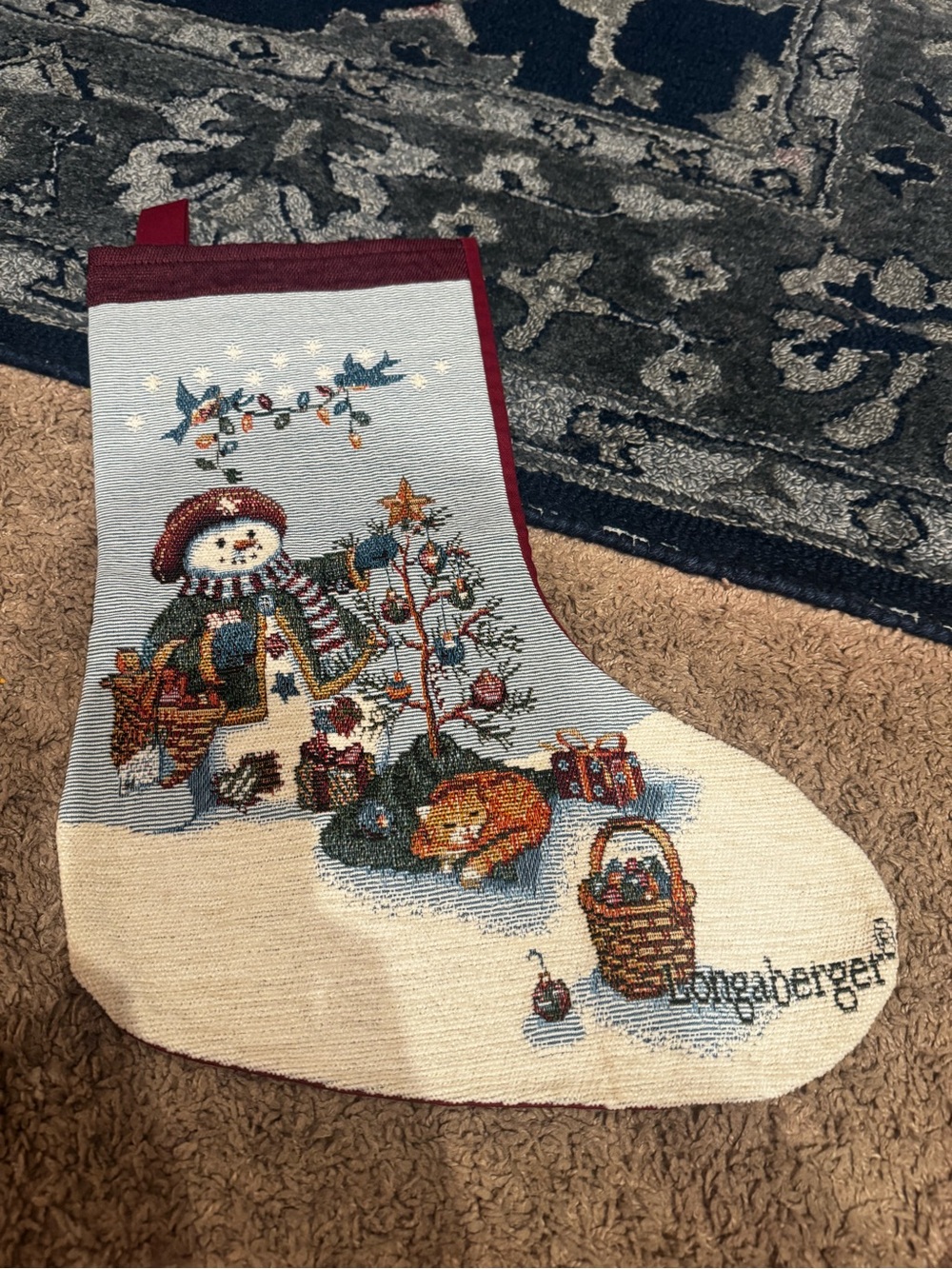 Longaberger Christmas Needlepoint Snowman Holiday Stocking - Burgundy Trim